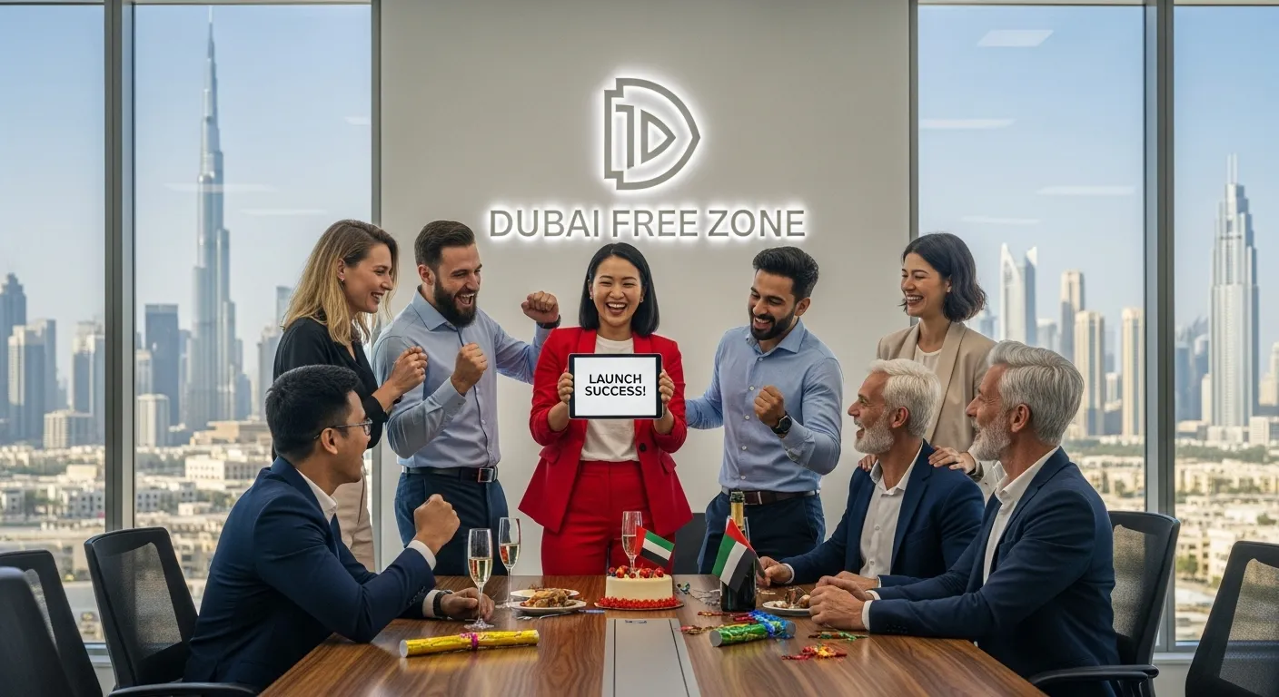 A diverse group of international entrepreneurs in a modern office, celebrating the launch of their new company, with the Dubai skyline and a "Dubai Free Zone" logo visible in the background, bright and optimistic atmosphere