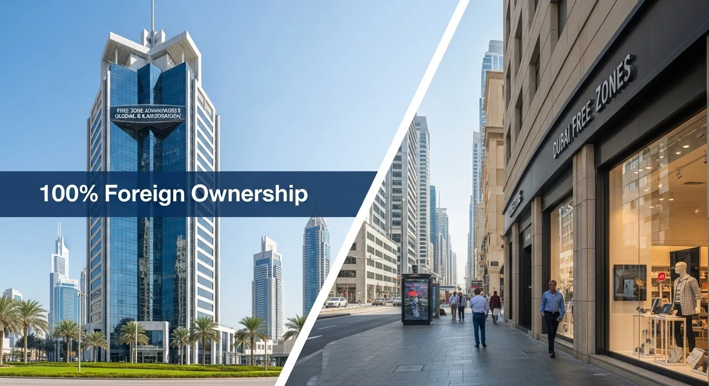 A graphic comparing UAE freezone and mainland business setup options for foreign investors.