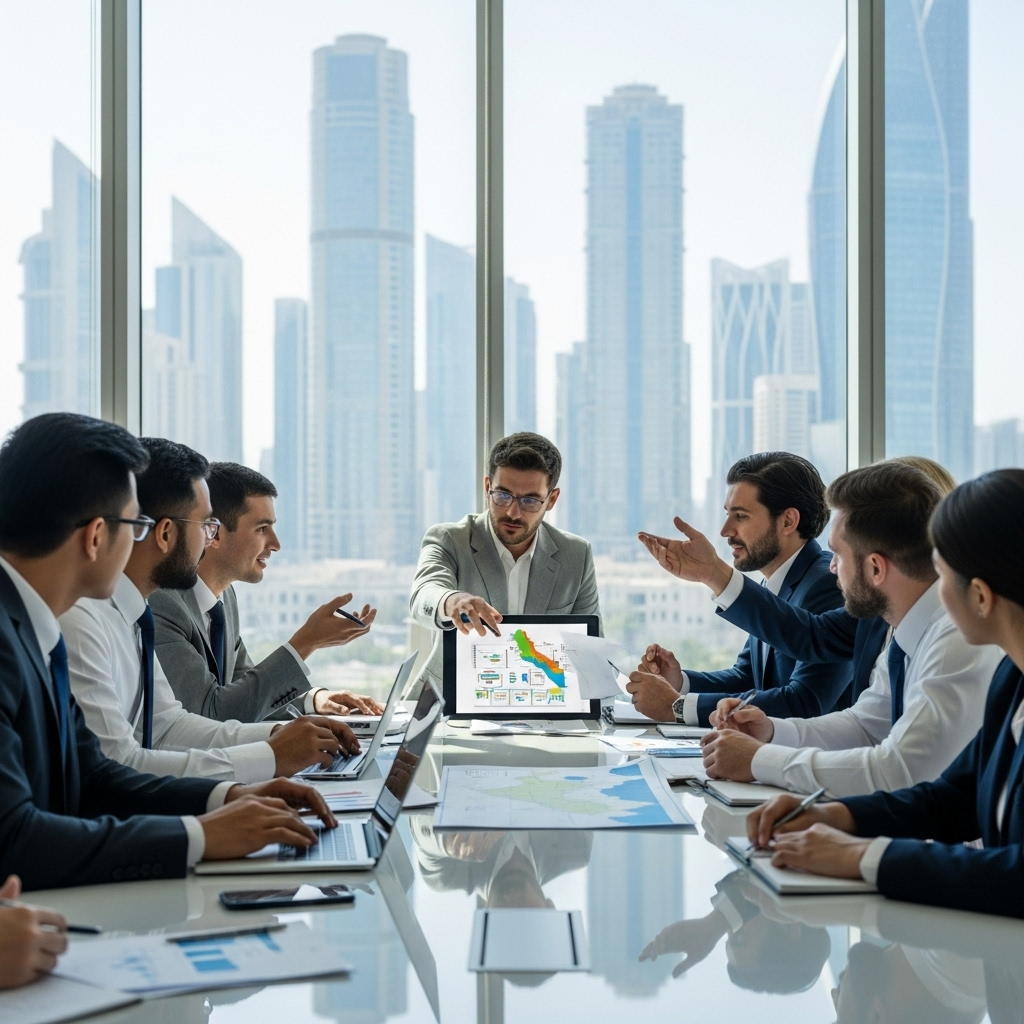 Eight diverse professionals are gathered around a conference table in a modern office, engaged in a meeting. Behind them, large windows offer a panoramic view of a sunny city skyline filled with skyscrapers.