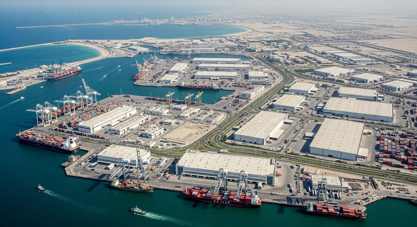 Large industrial port with shipping containers