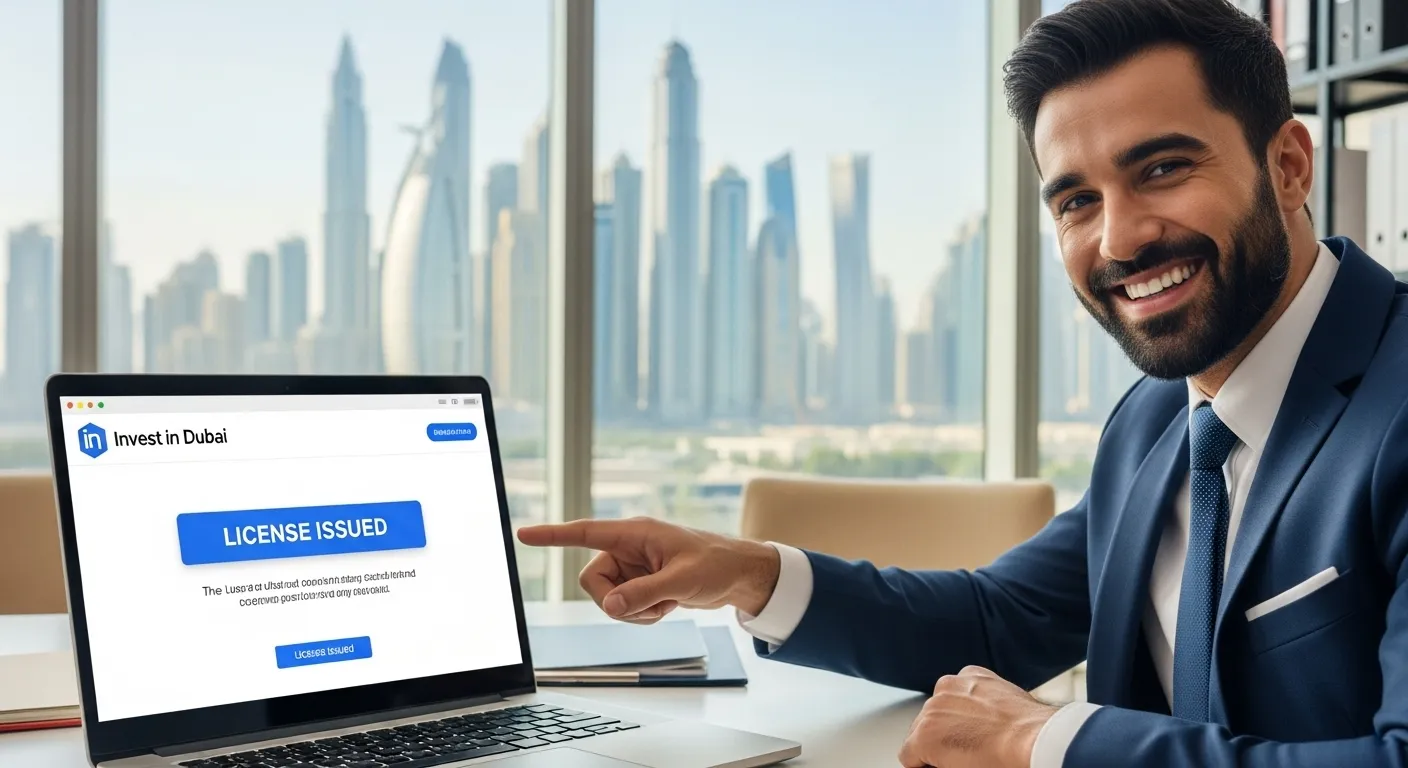 A smiling, bearded man in a suit points to a laptop screen displaying "LICENSE ISSUED" and "Invest in Dubai." A blurred cityscape with skyscrapers is visible through a window in the background.
