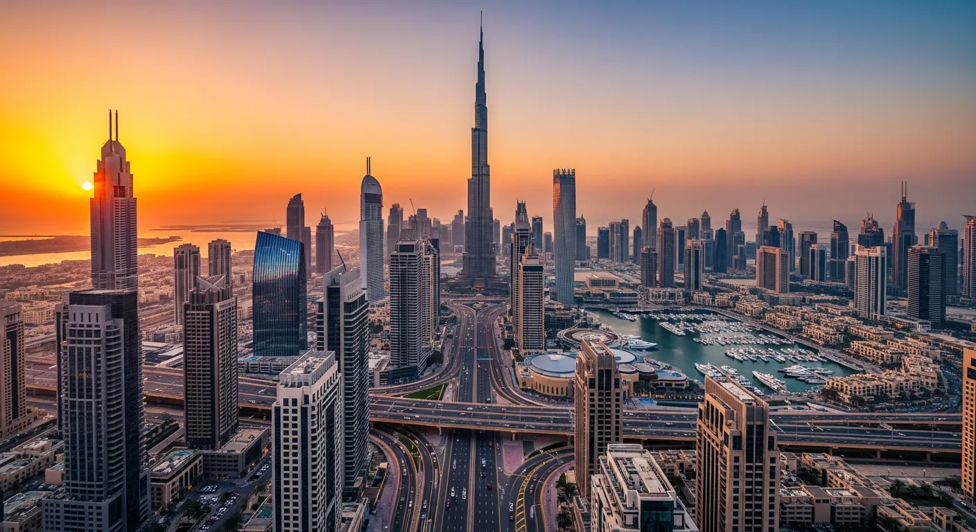Dubai skyline at sunset, vibrant colors