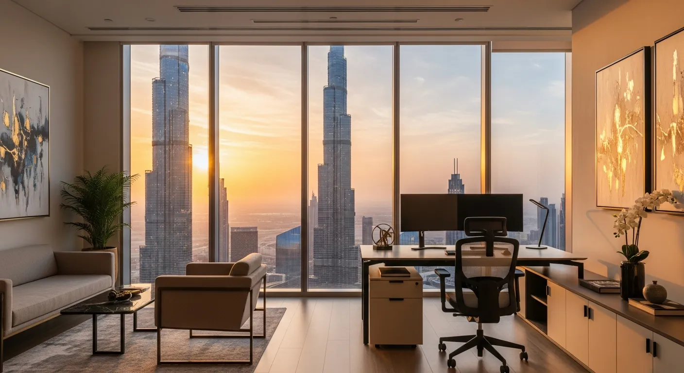 Modern office with city skyline view