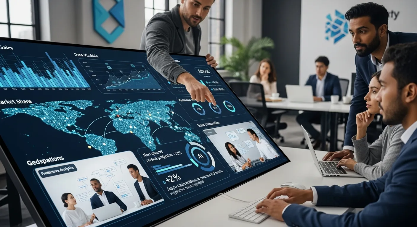 Diverse business professionals in a modern office collaborate around a large interactive digital screen displaying a world map, charts, and various data visualizations. One man points to the screen as others observe.