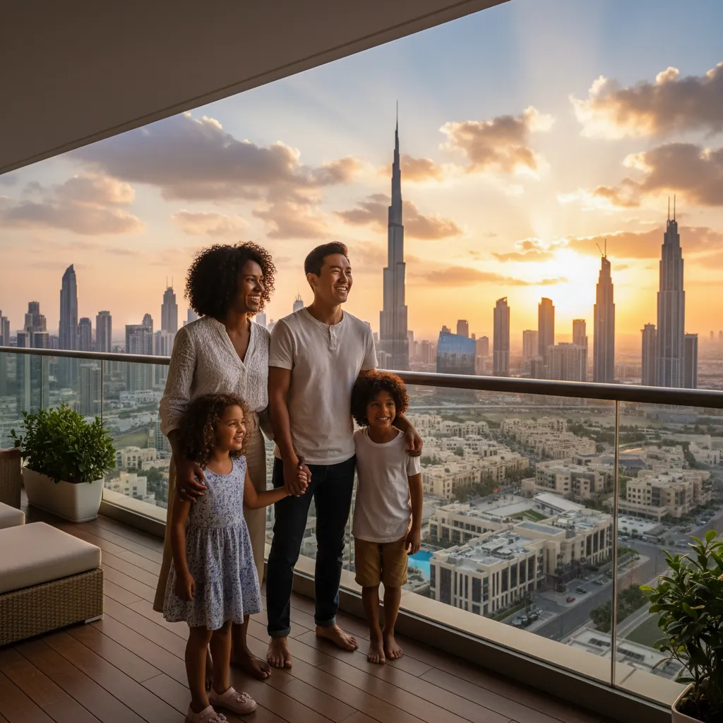 A happy expat family smiling, with the Dubai Marina skyline in the background.