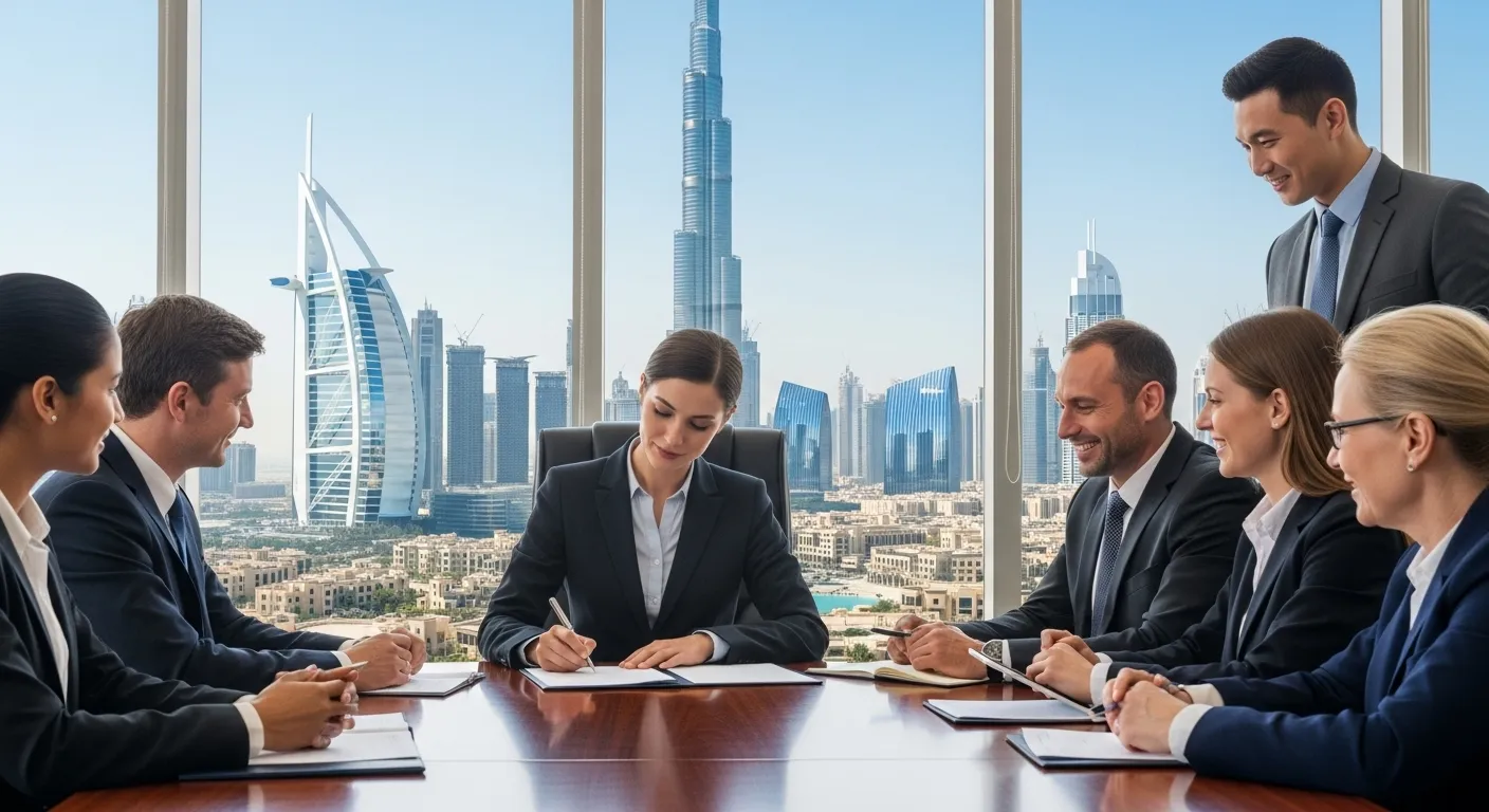 A group of diverse business professionals convenes around a conference table in a high-rise office, with a panoramic view of the Dubai skyline, including the iconic Burj Khalifa and Burj Al Arab. A woman in the center is signing a document, while her smiling colleagues observe.