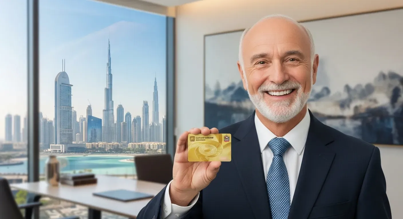 A smiling senior man with a white beard, wearing a business suit, holds up a golden credit card. Behind him, an office setting with the Dubai skyline, including the iconic Burj Khalifa, visible through a large window.