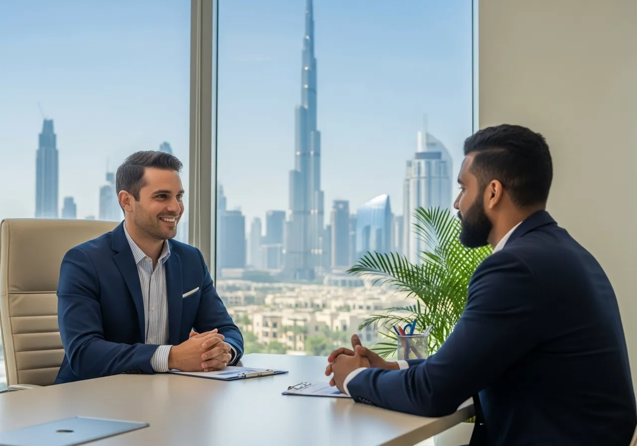 Two professional men in suits are seated at a desk in a modern office, engaged in a discussion. The man on the left smiles warmly, looking towards the man on the right, who has a neat beard. Behind them, a large window reveals a clear view of the Dubai skyline, including the prominent Burj Khalifa.