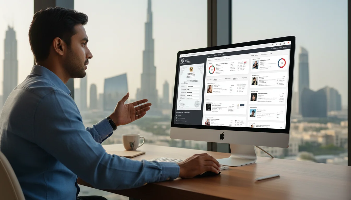 A digital merchant managing an online store dashboard with a Dubai trade license visible on the screen